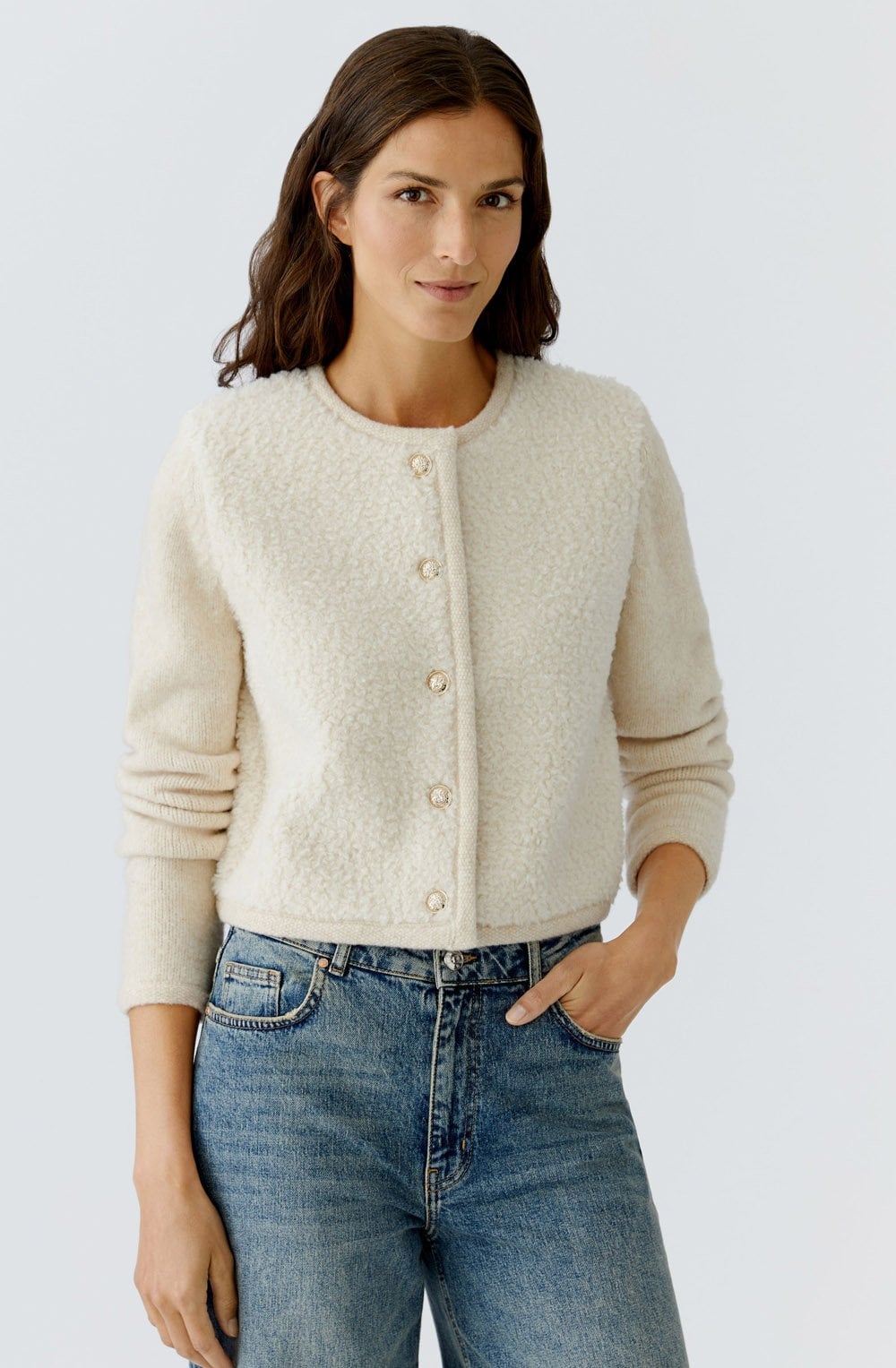 Off White Melange Teddy Fleece Cardigan