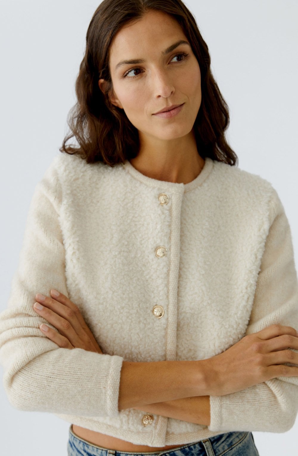 Off White Melange Teddy Fleece Cardigan