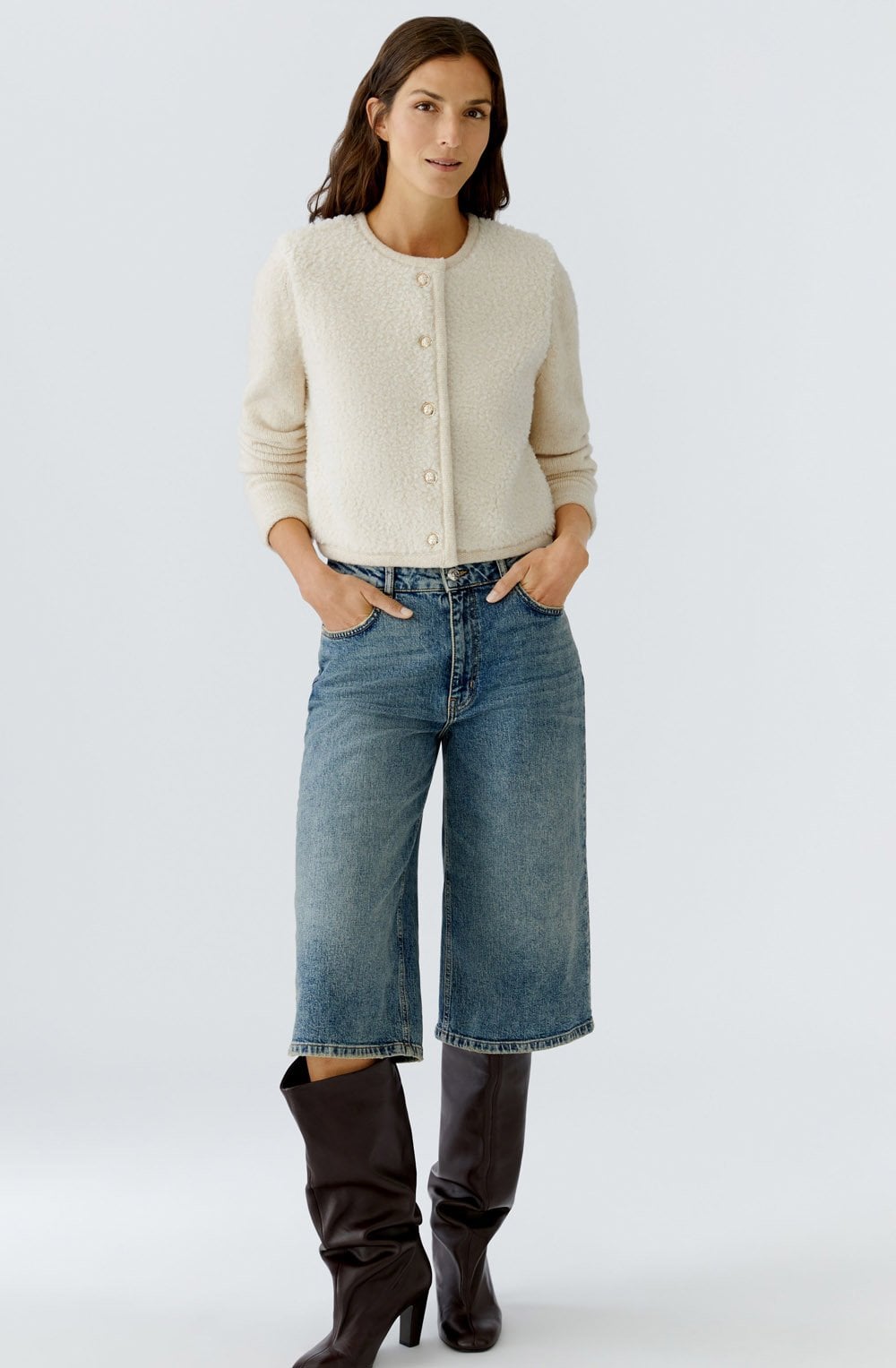 Off White Melange Teddy Fleece Cardigan