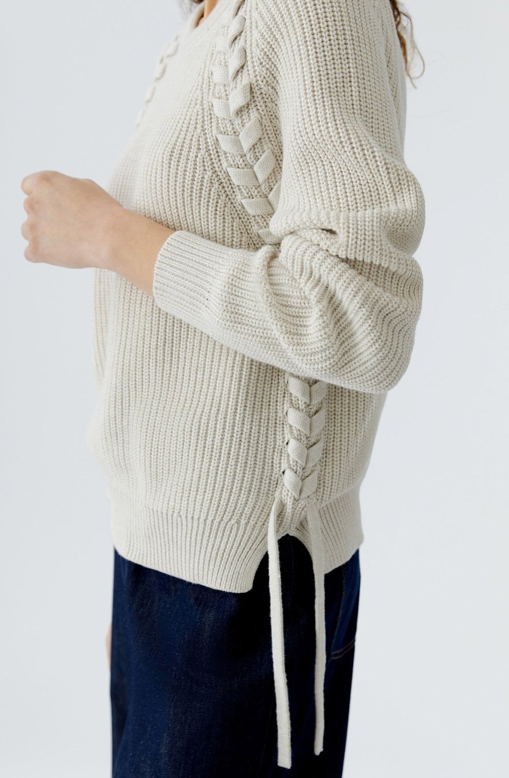 Off White Ribbed Knit Tie Detail Jumper