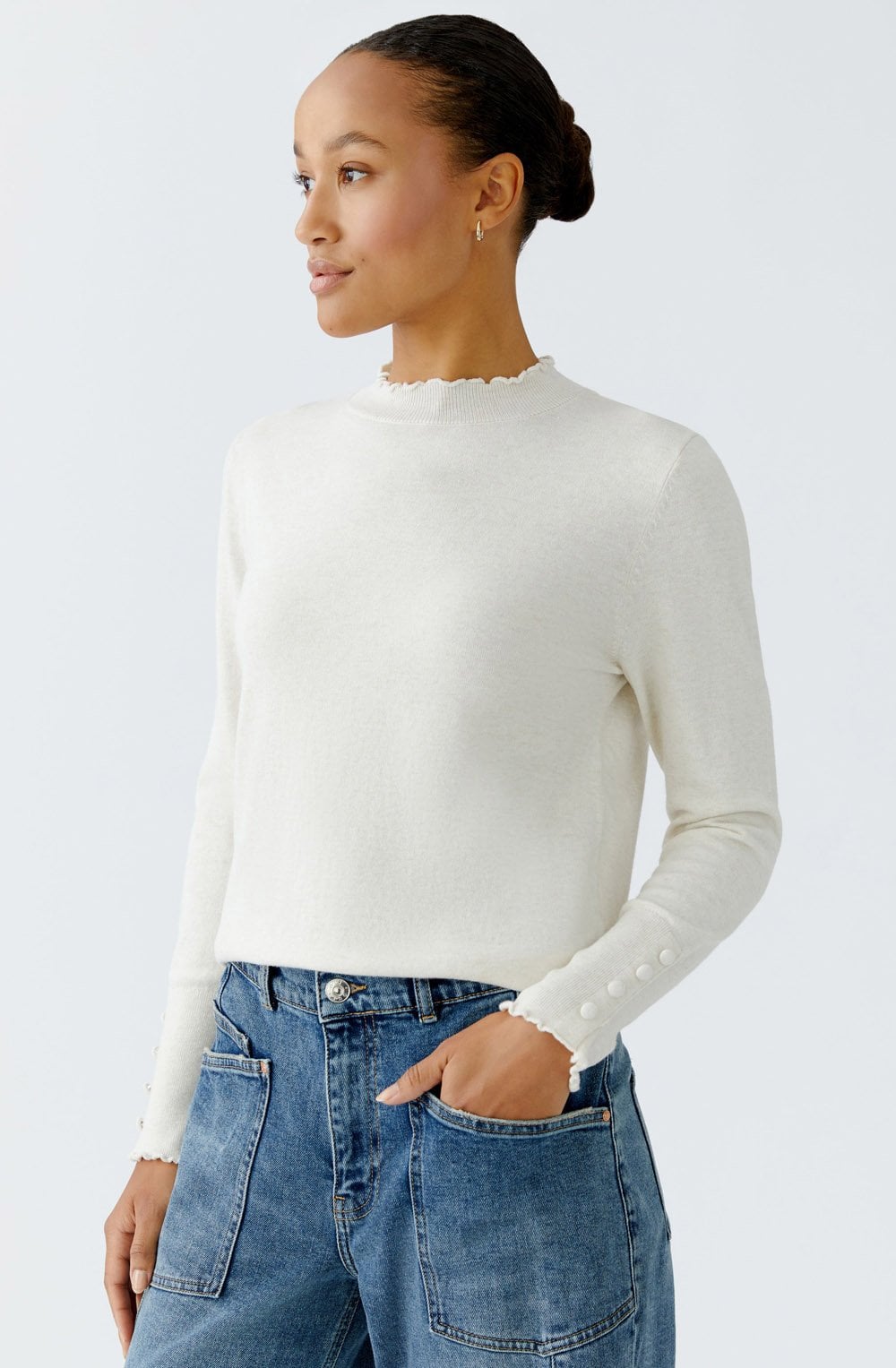 Off White Ruffled Edge Fine Knit Jumper