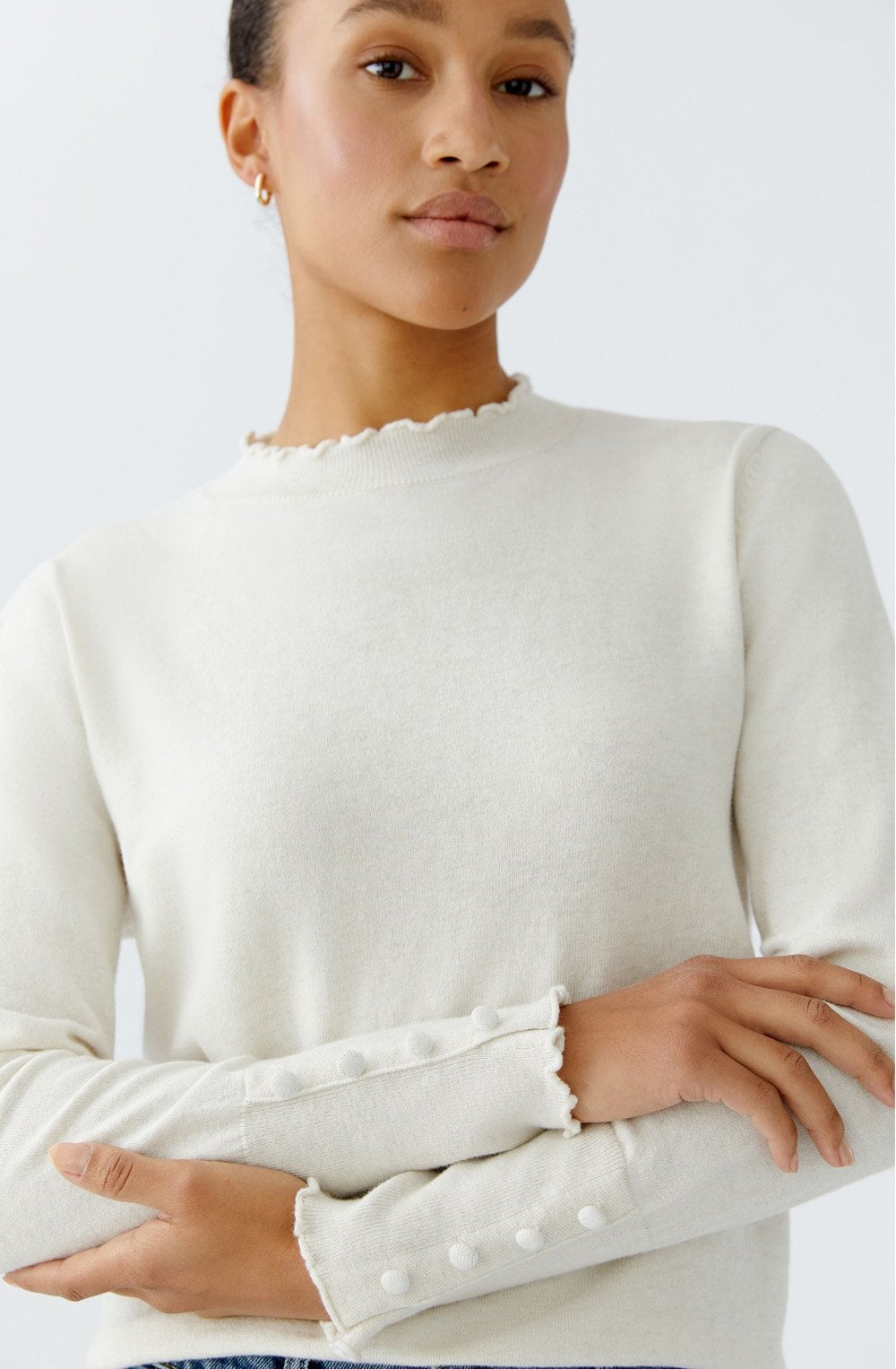 Off White Ruffled Edge Fine Knit Jumper