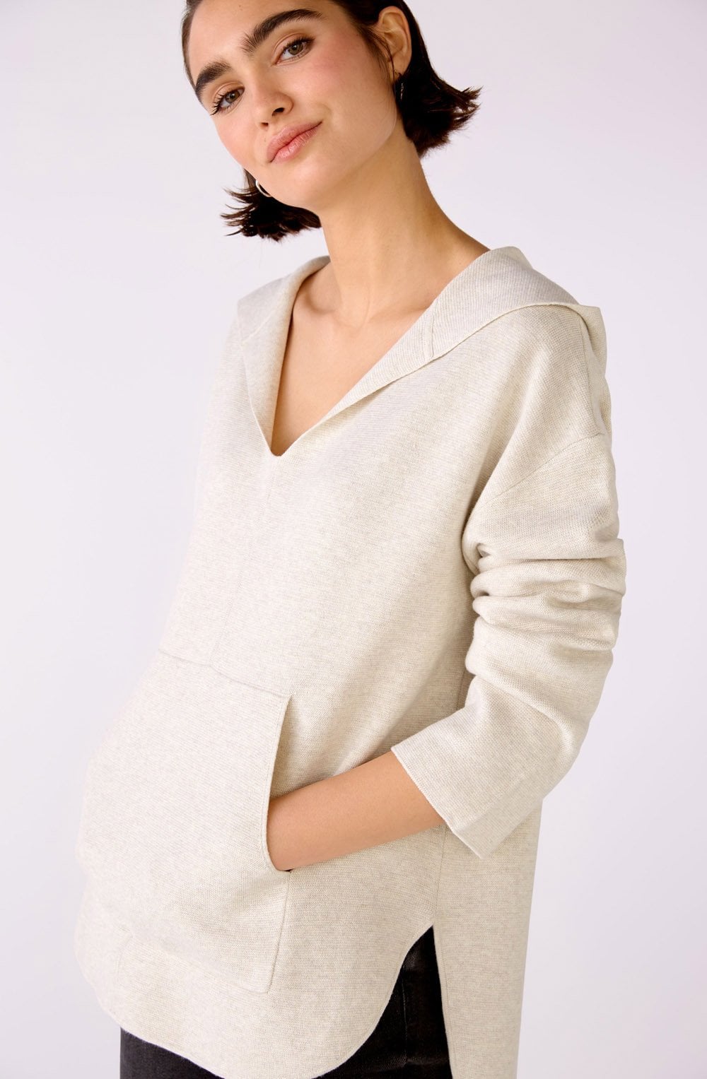 Off White V Neck Hooded Jumper