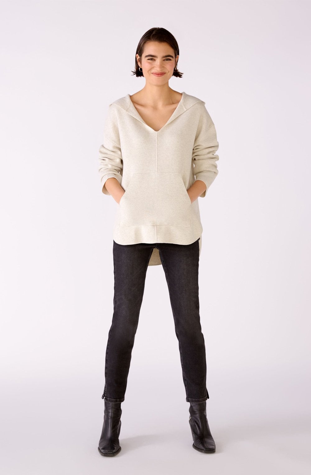 Off White V Neck Hooded Jumper