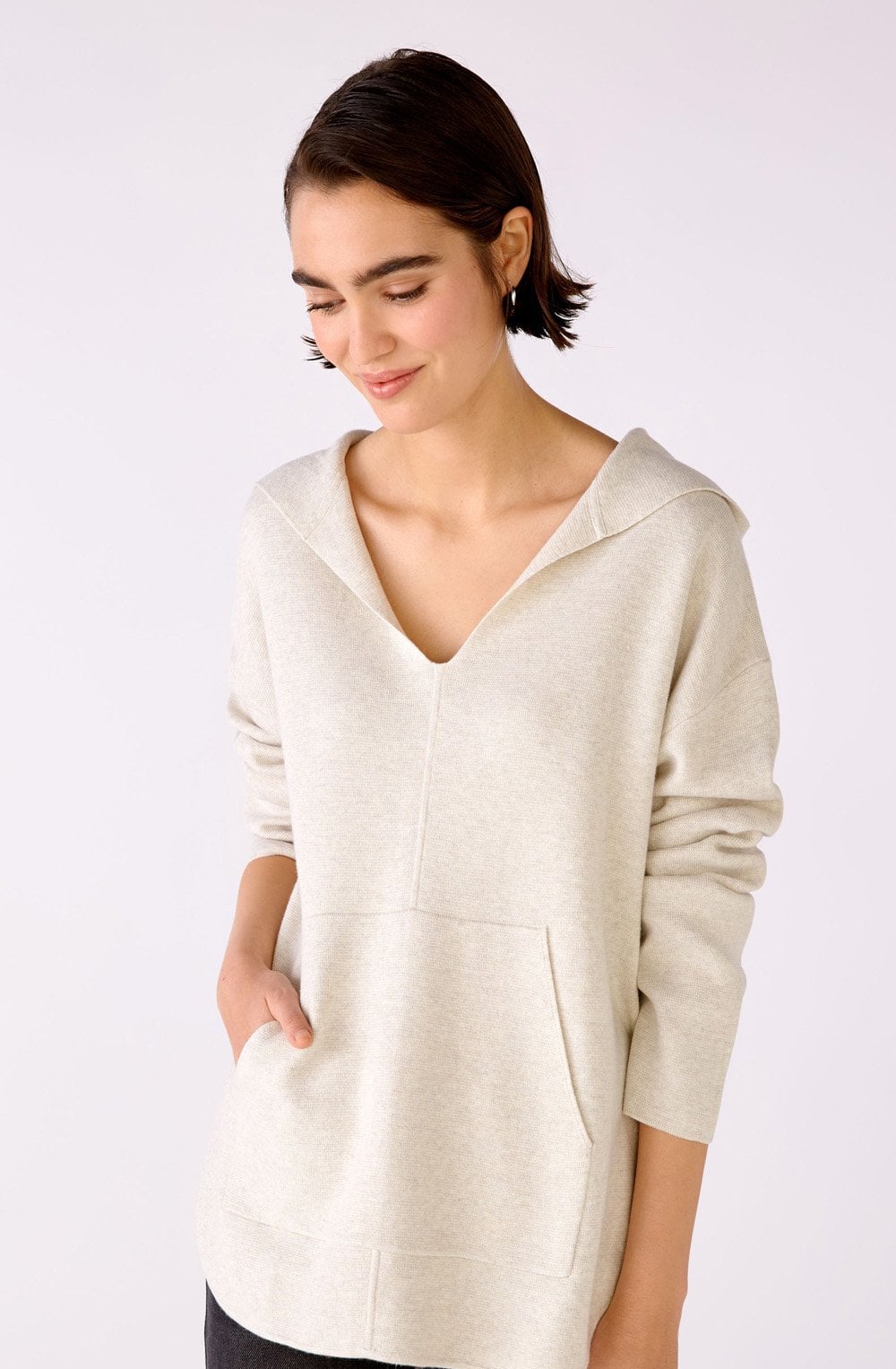 Off White V Neck Hooded Jumper