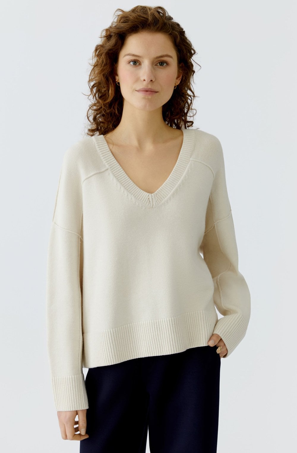 Off White V Neck In Side Out Seam Jumper