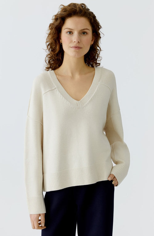 Off White V Neck In Side Out Seam Jumper
