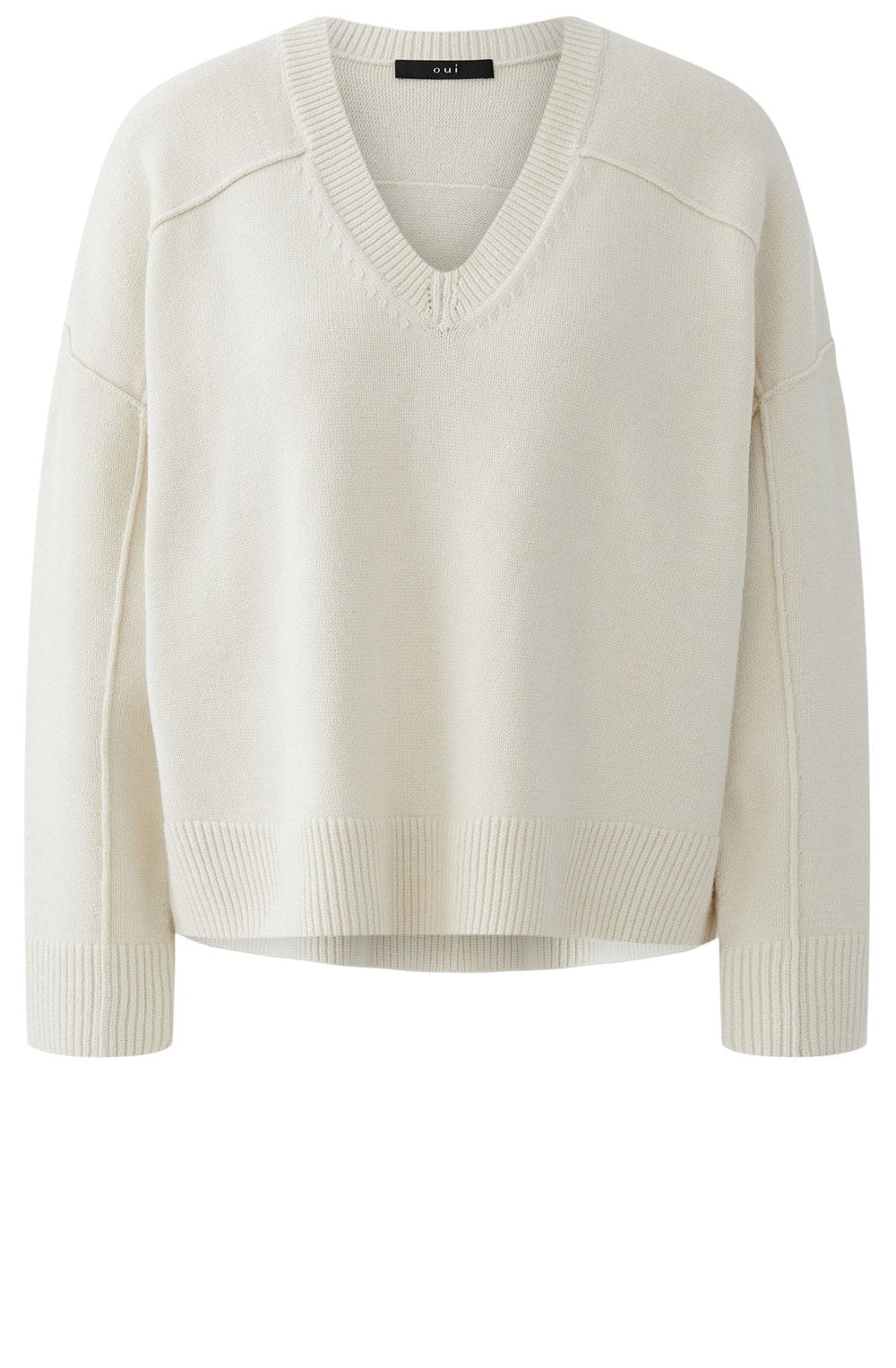 Off White V Neck In Side Out Seam Jumper