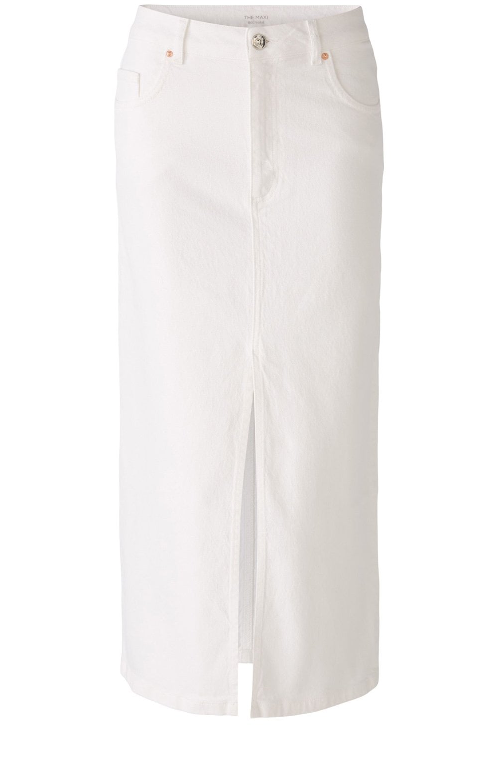 Optic White Denim Midi Skirt