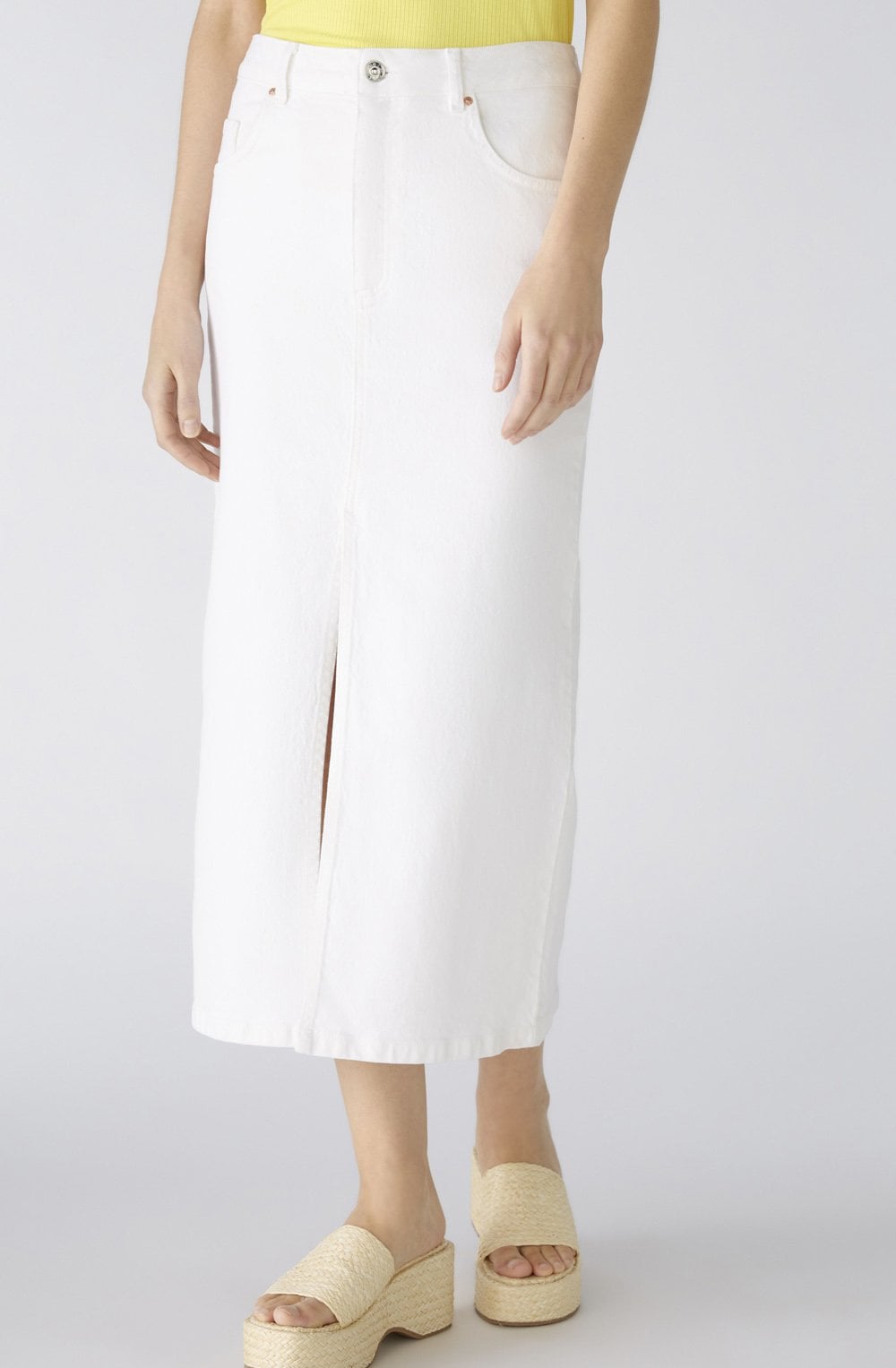 Optic White Denim Midi Skirt