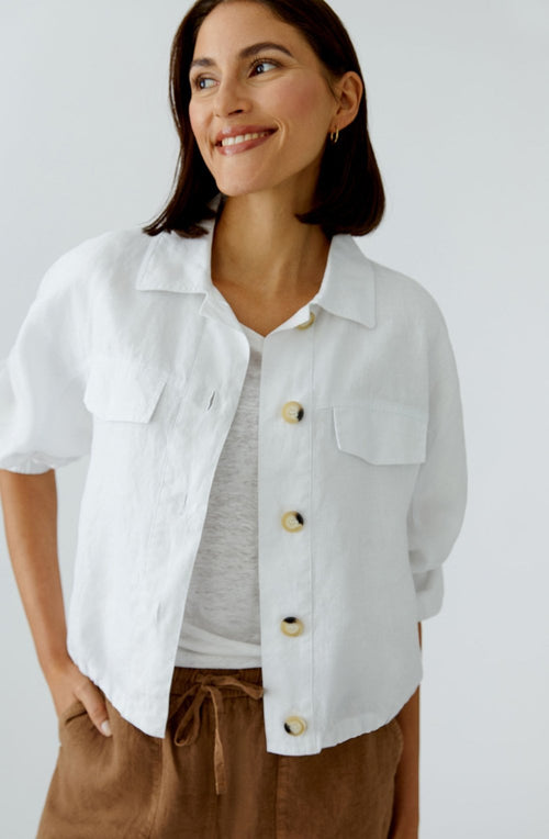 Optic White Linen Drawstring Hem Jacket