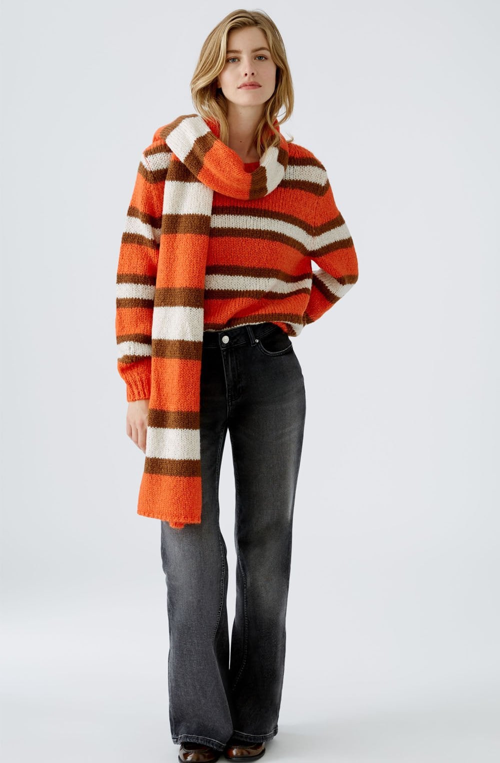 Orange and Stone Striped Knitted Scarf