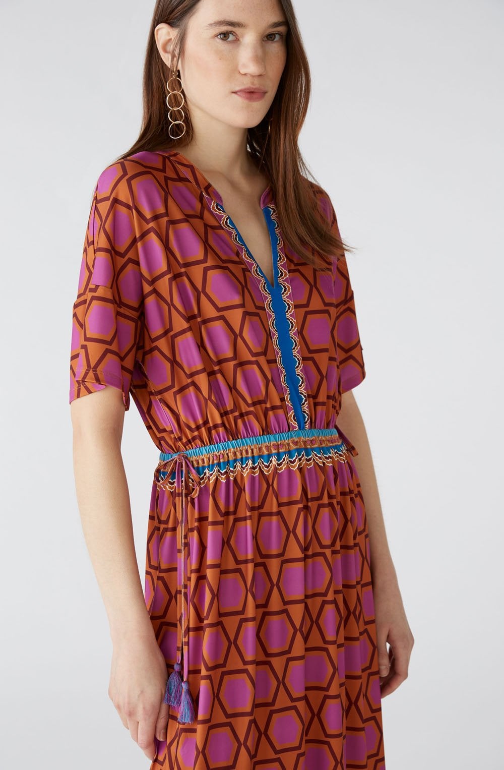Pink and Blue Geometric Print Jersey Maxi Dress