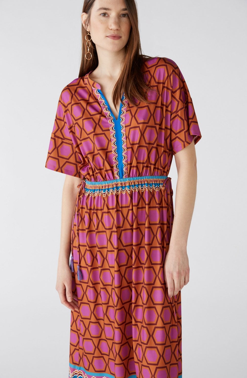 Pink and Blue Geometric Print Jersey Maxi Dress