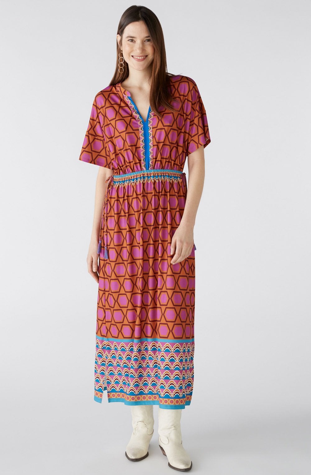 Pink and Blue Geometric Print Jersey Maxi Dress