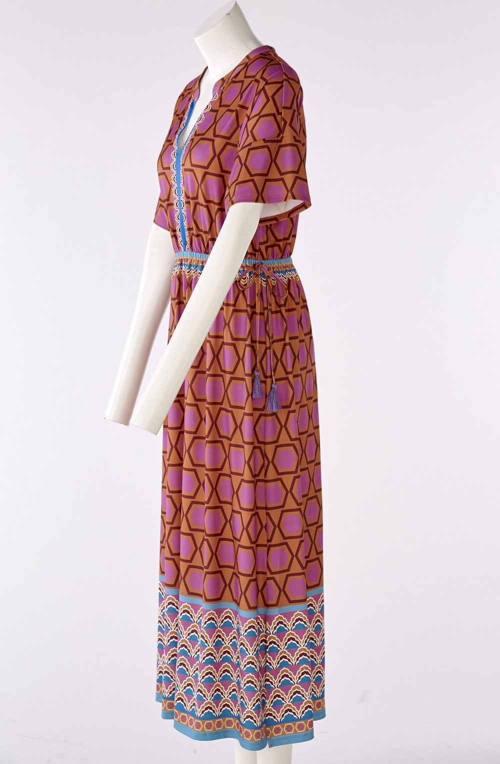 Pink and Blue Geometric Print Jersey Maxi Dress