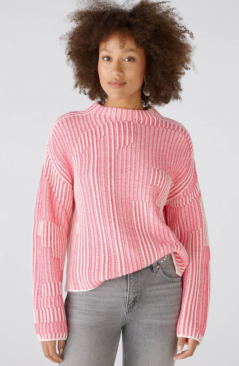 Pink and White Contrast Ribbed Jumper