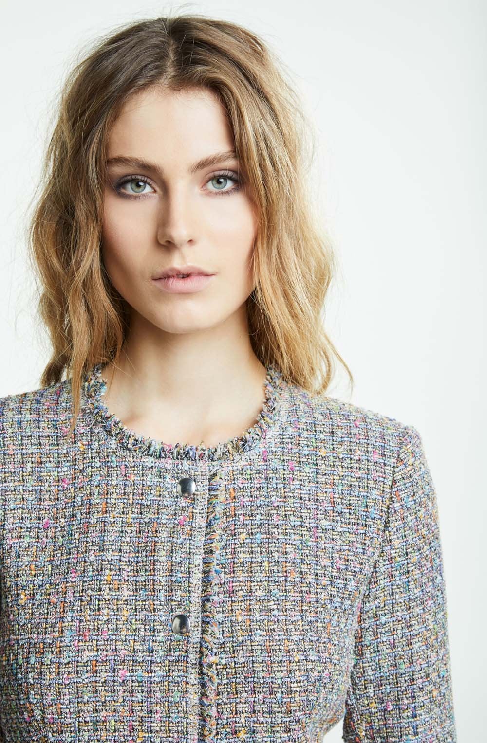 Pink Blue Collarless Tailored Jacket