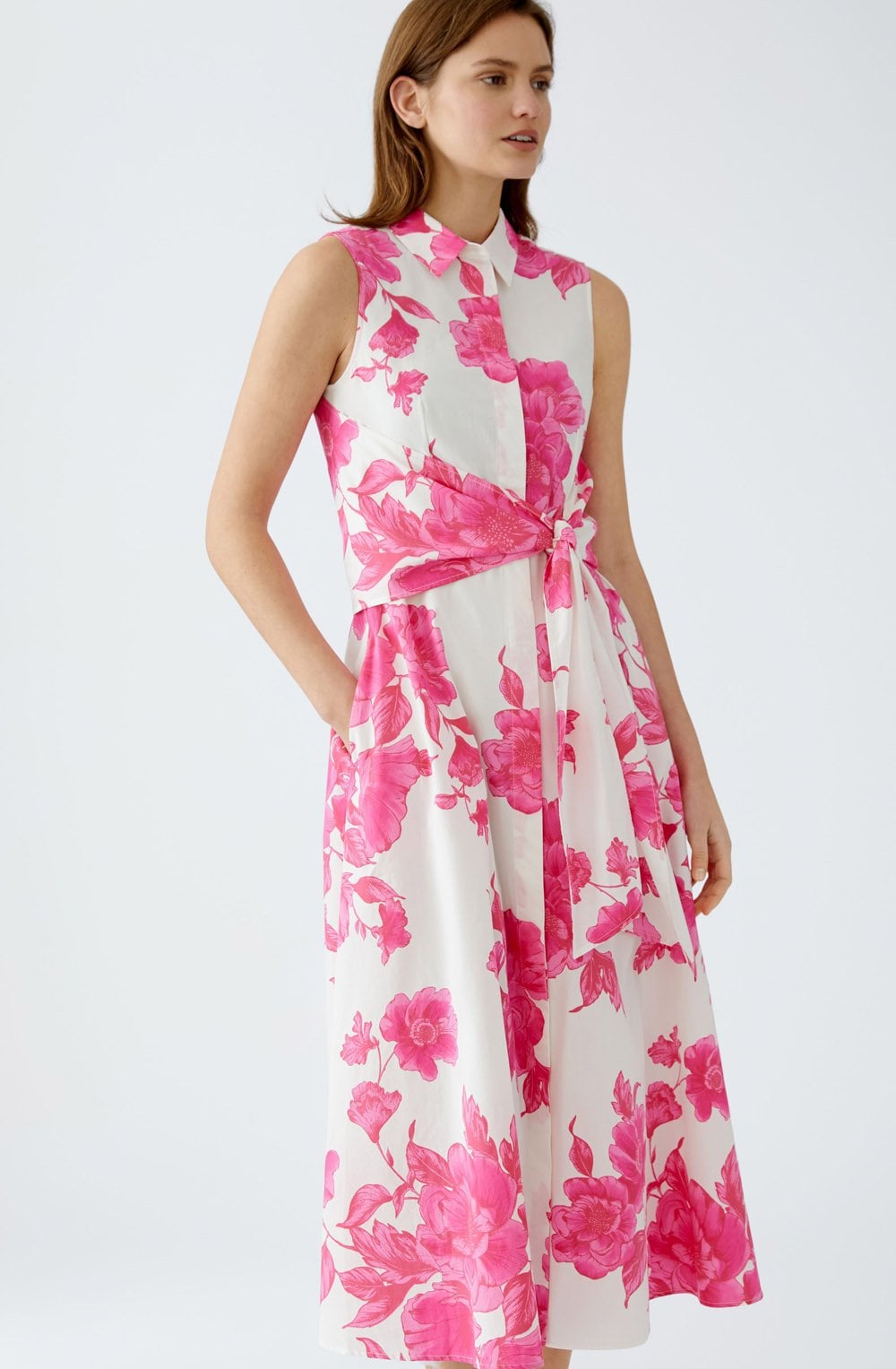 Pink Floral Collared Sleeveless Dress