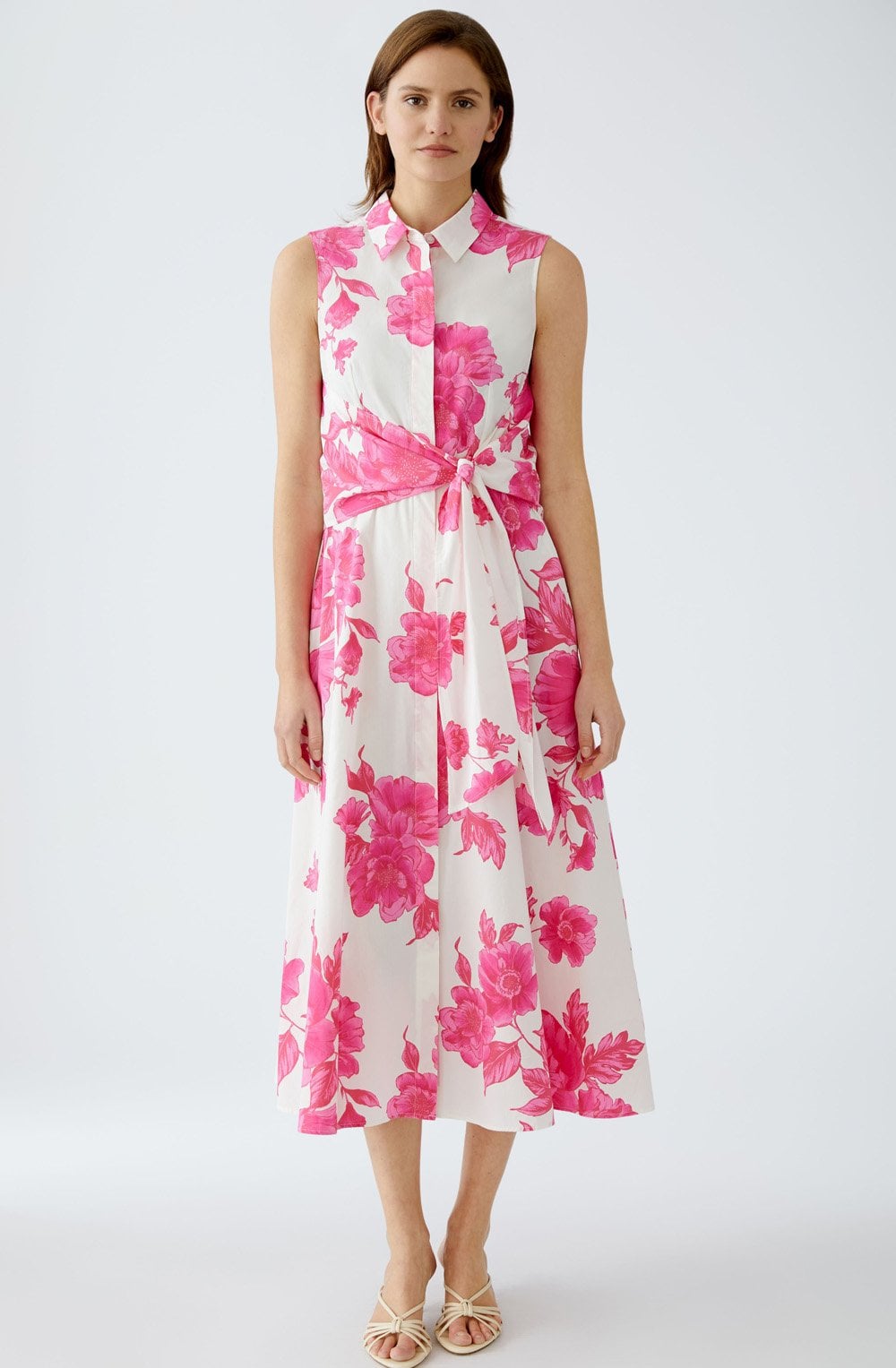 Pink Floral Collared Sleeveless Dress