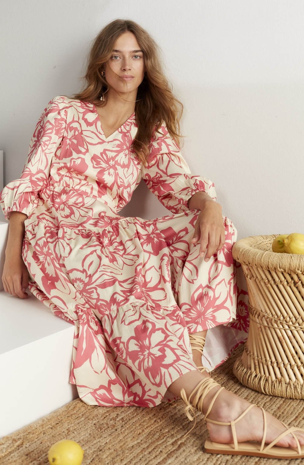 Pink Floral Tiered Wrap Dress