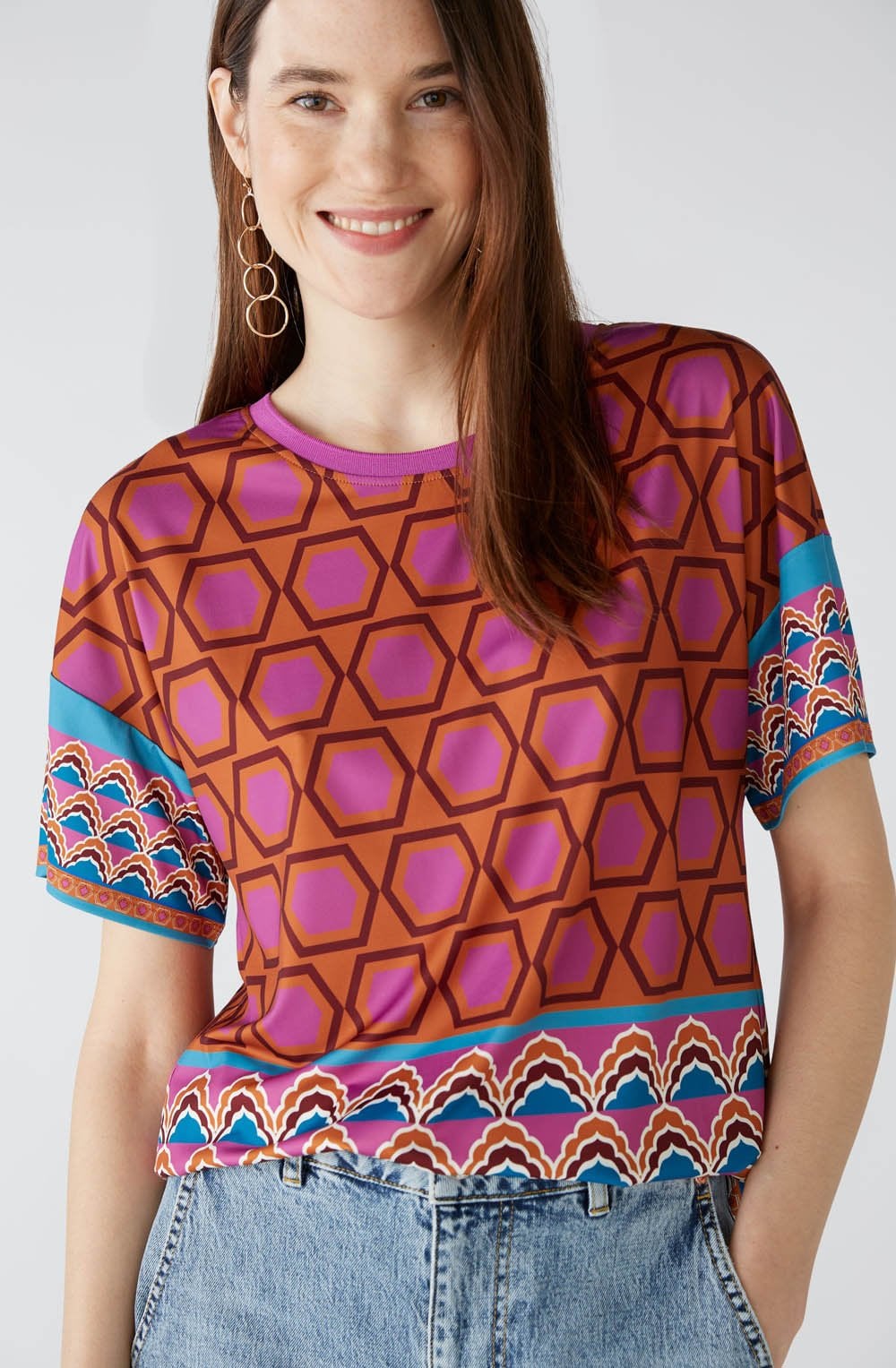 Pink Geometric Print Silky Blouse