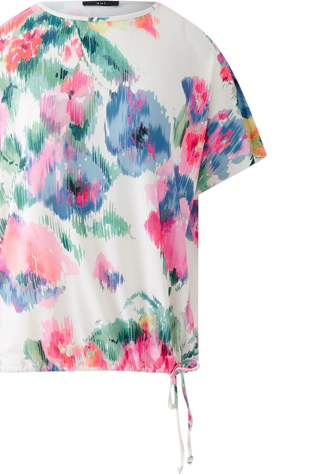 Pink Green Abstract Floral Drawstring Blouse