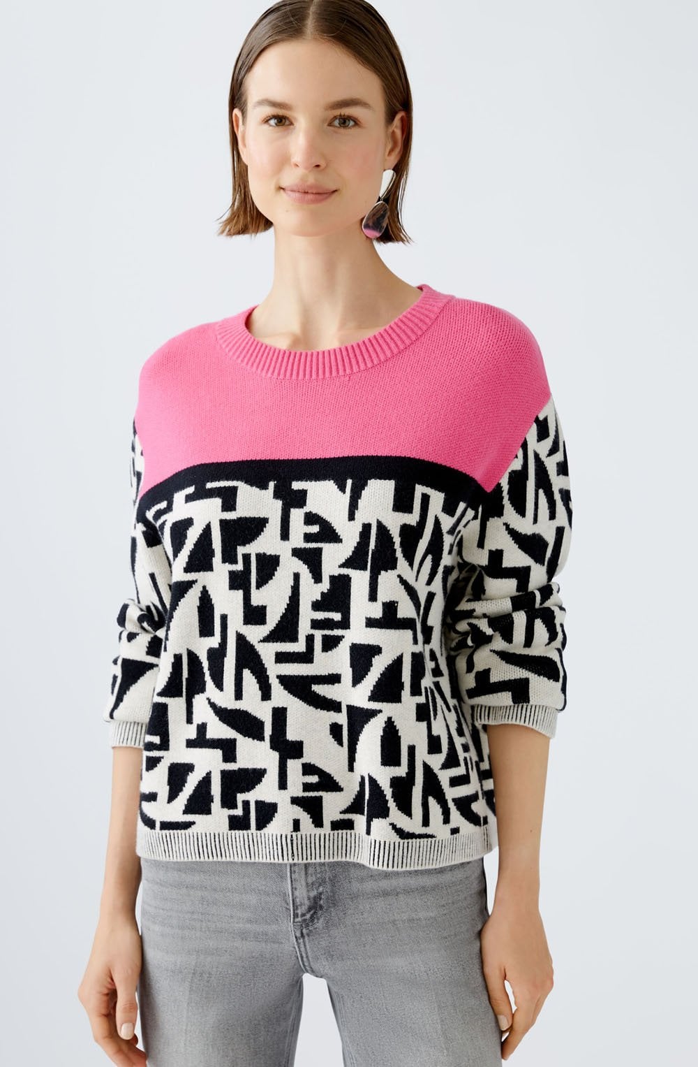 Pink Rose Colour Block Jacquard Jumper