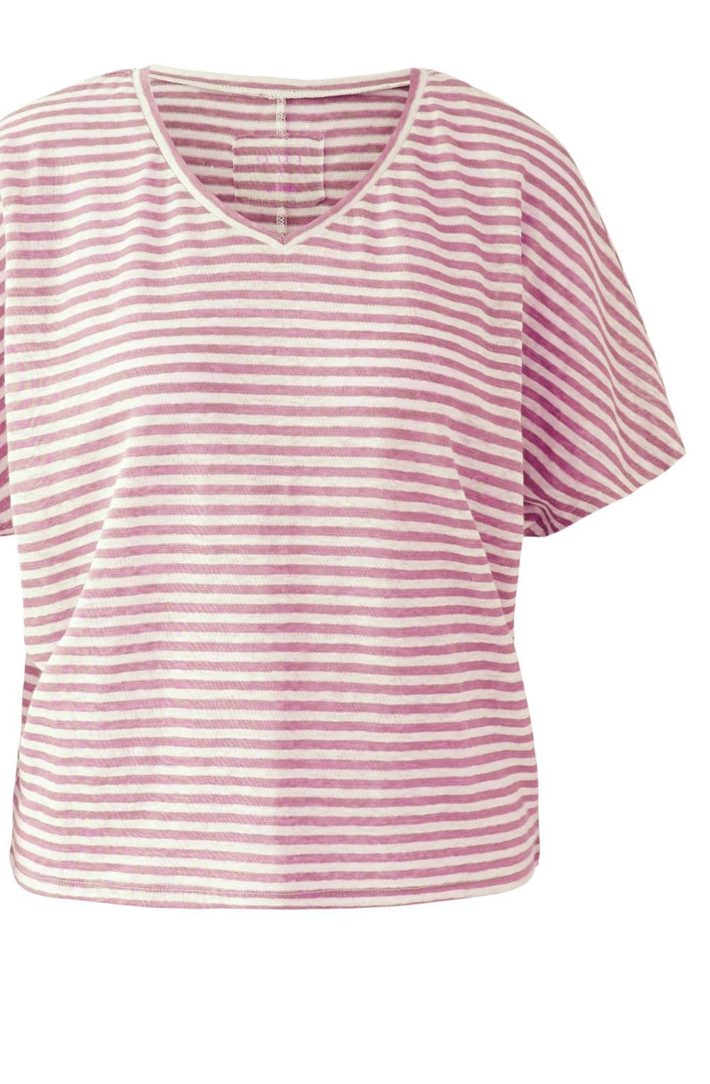 Pink Striped Linen V Neck T Shirt