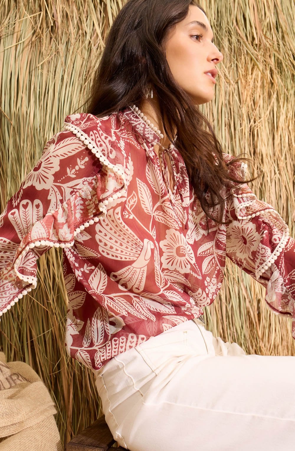 Red and Off White Sheer Boho Blouse