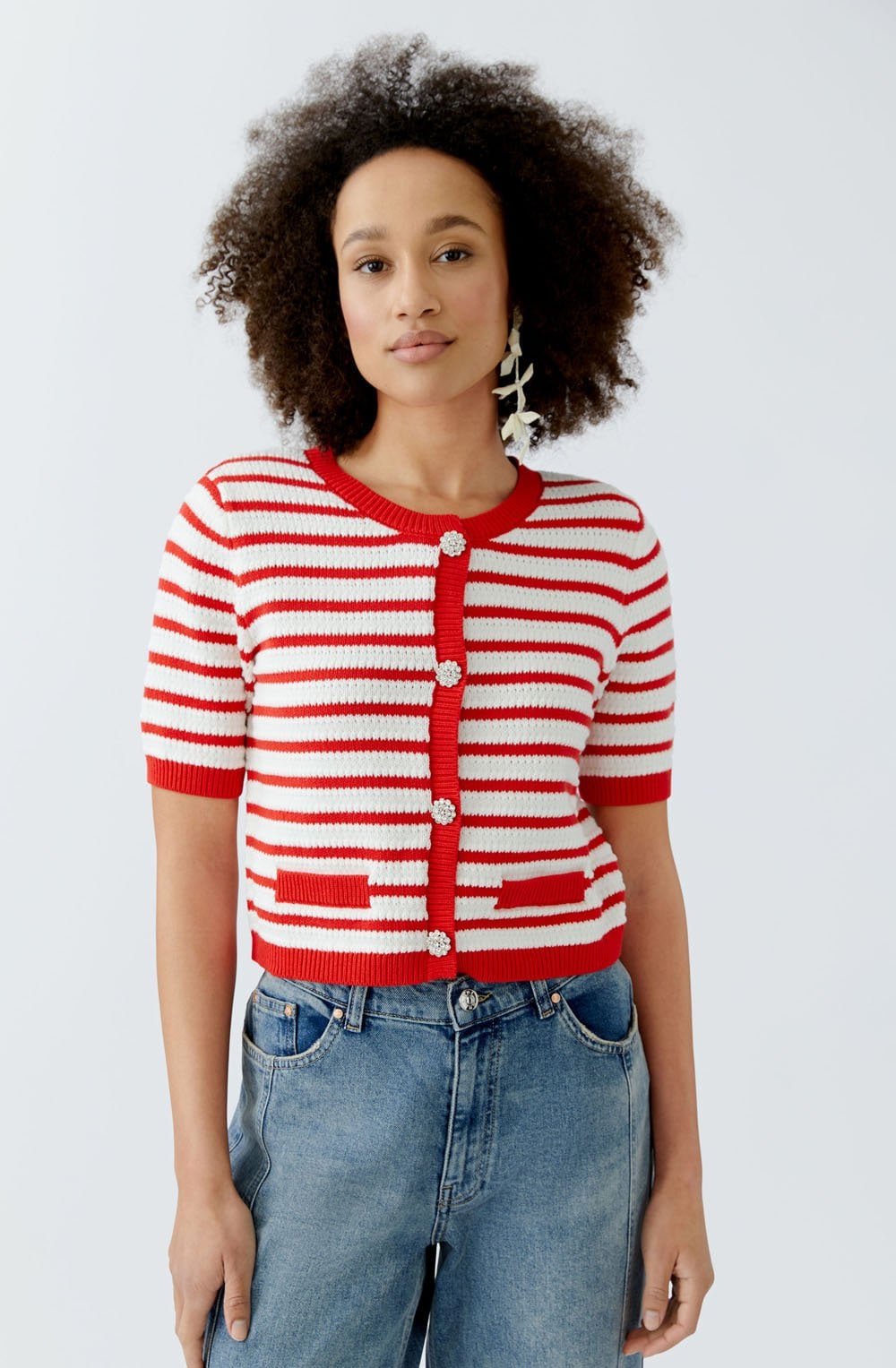 Red and White Short Sleeved Cardigan
