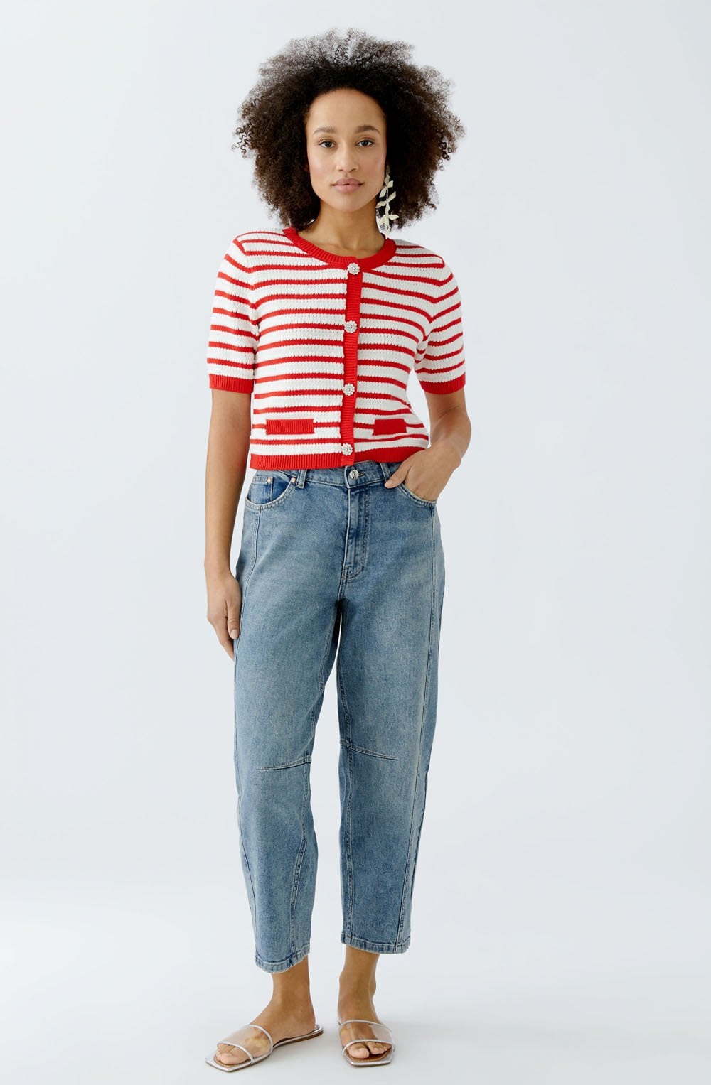 Red and White Short Sleeved Cardigan