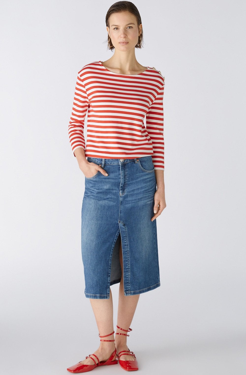 Red and White Striped Top with Gold Button Details