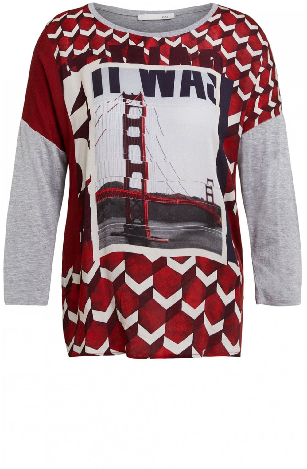 Red & Grey Geometric Print Top