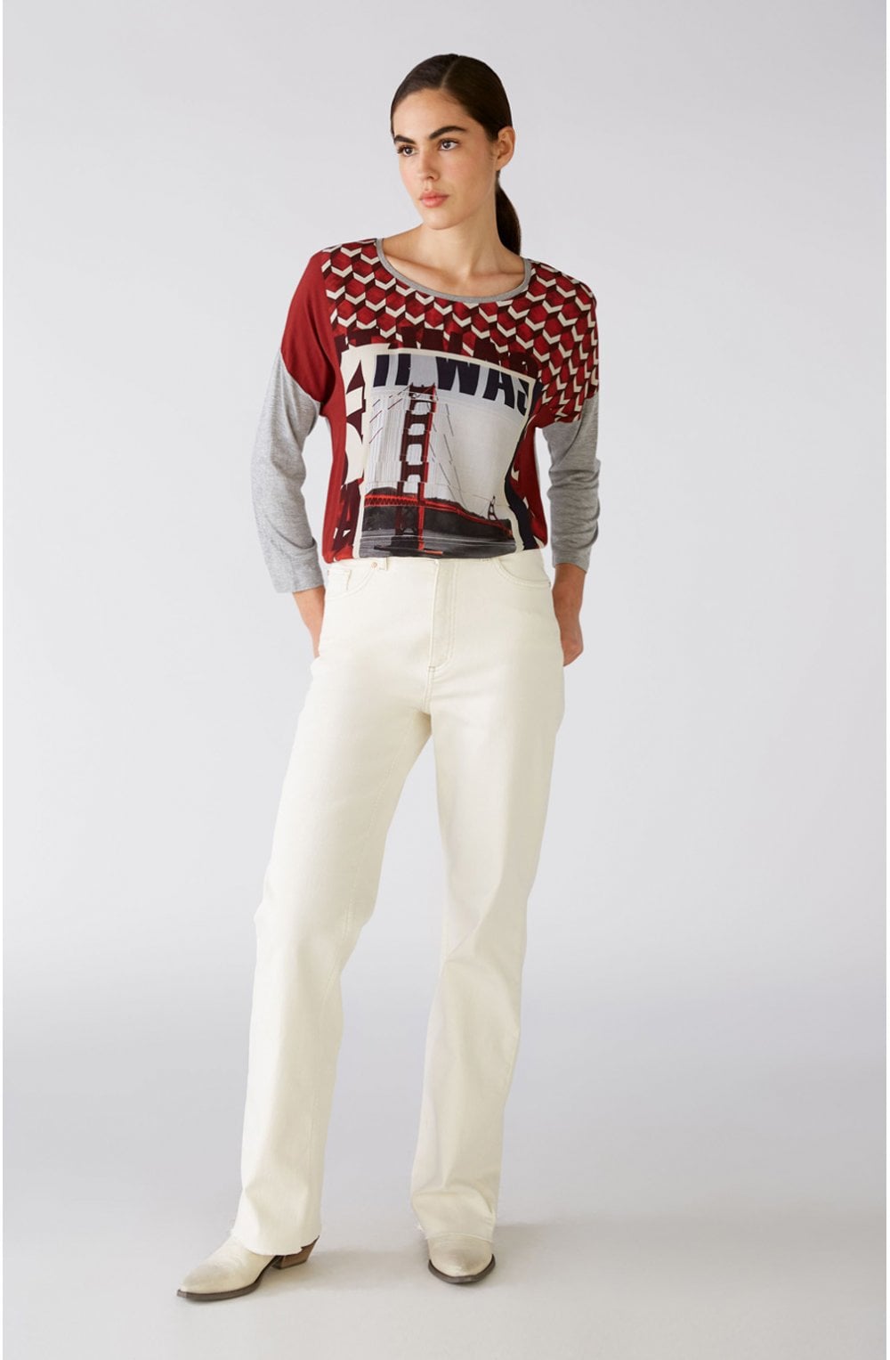 Red & Grey Geometric Print Top