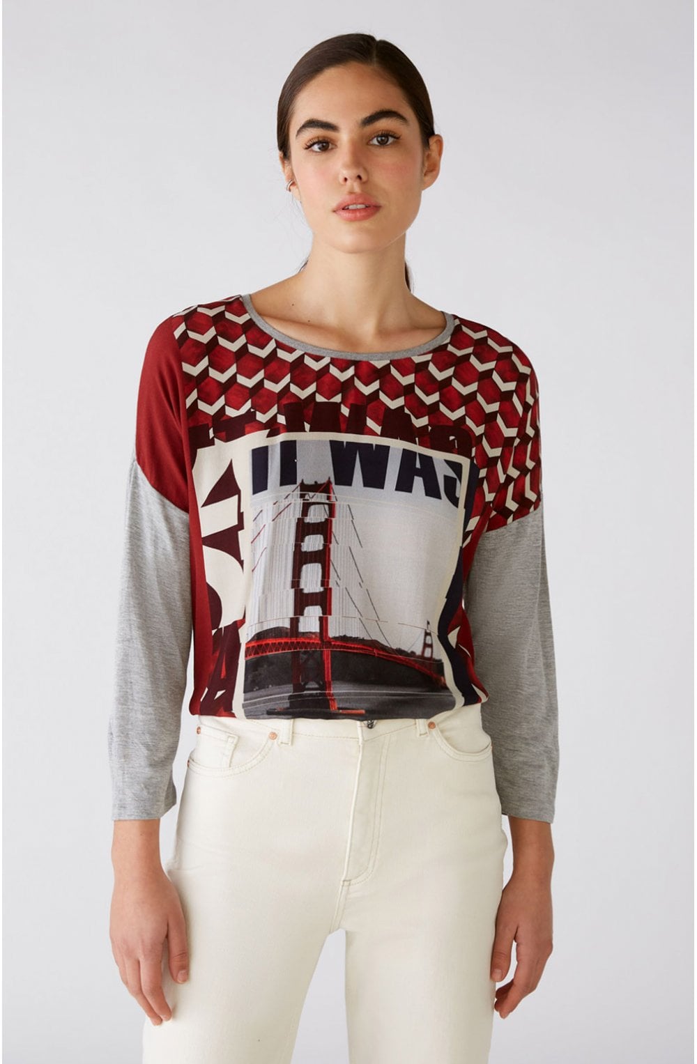 Red & Grey Geometric Print Top
