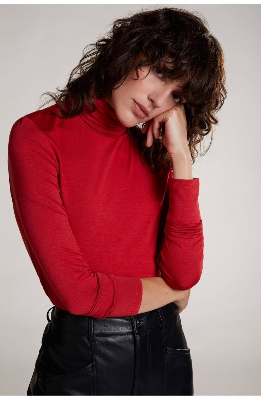 Red Jersey Polo Neck Top