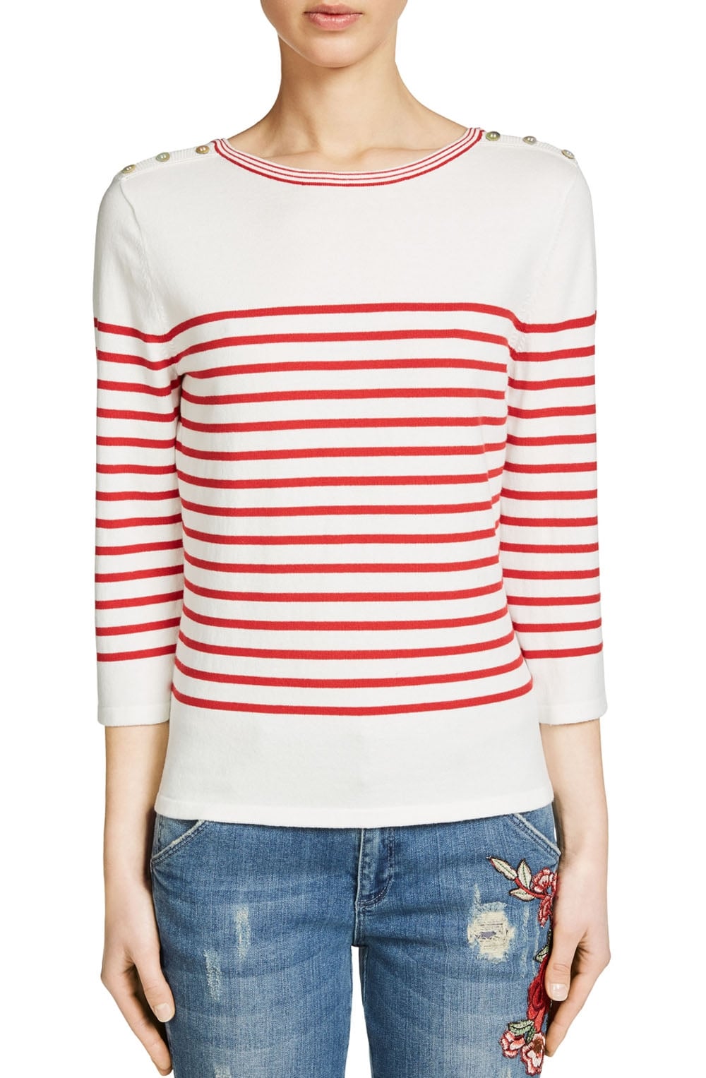 Red & Off White Striped Sweater