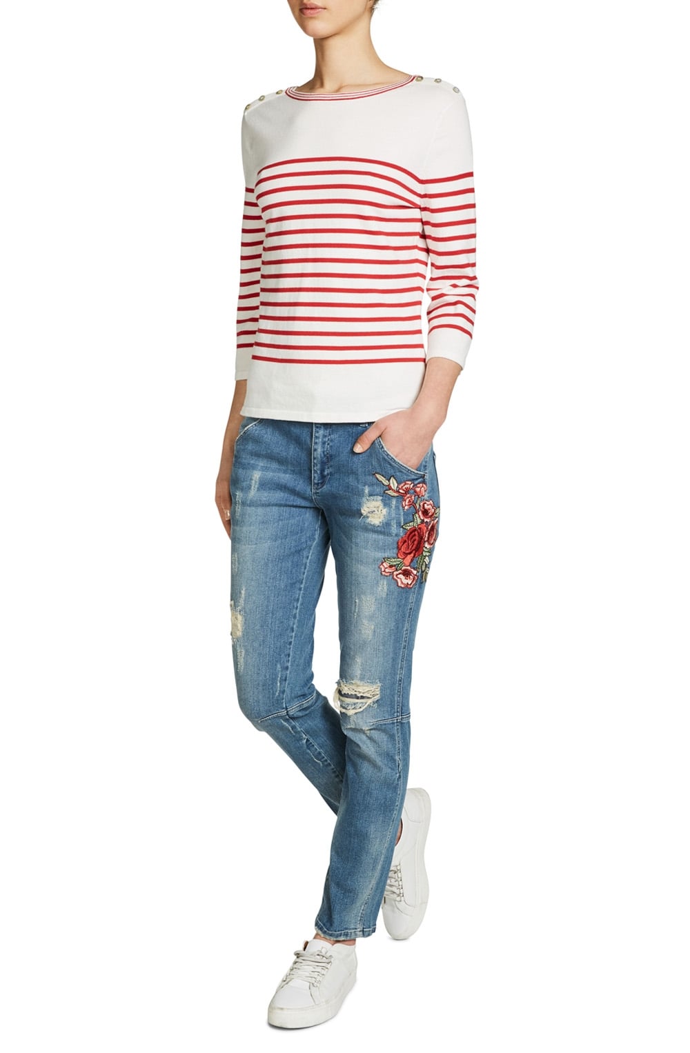 Red & Off White Striped Sweater