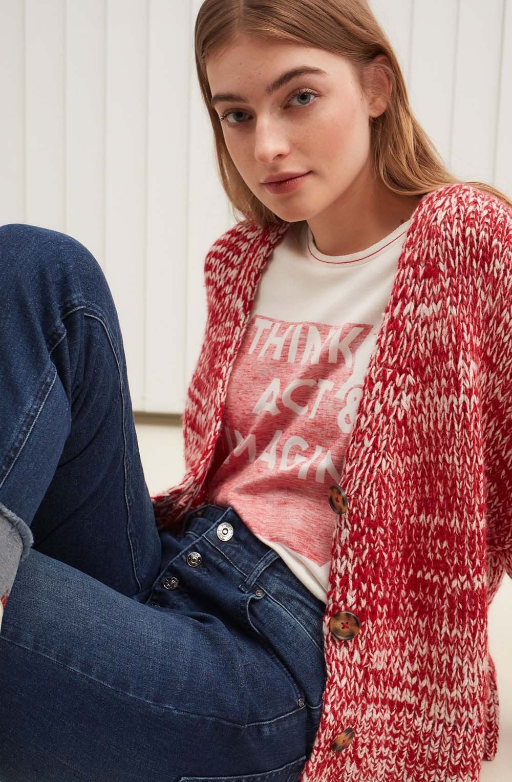 Red & White Chunky Knit Cardigan