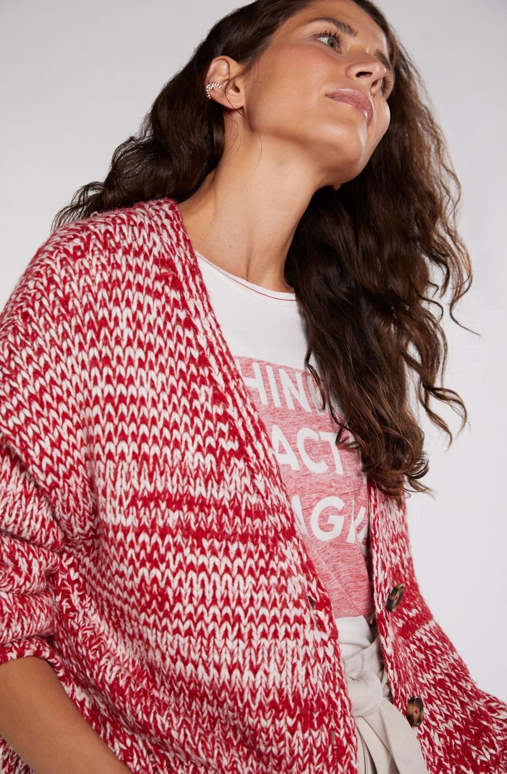Red & White Chunky Knit Cardigan