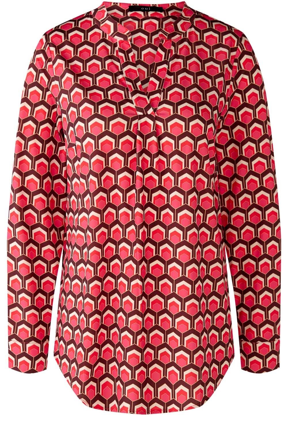 Retro Print Tunic Neck Jersey Blouse