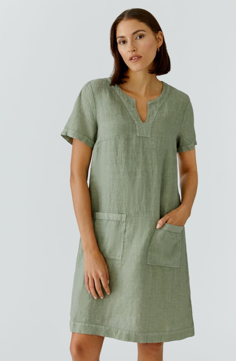 Seagrass Linen V Neck A Line Dress