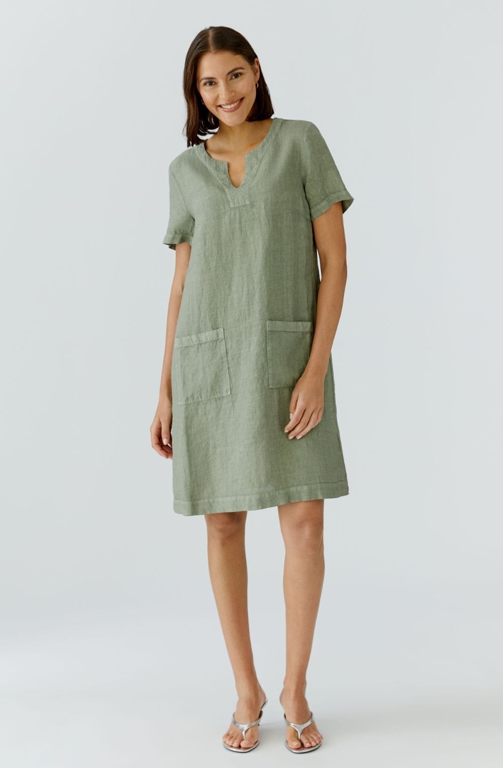 Seagrass Linen V Neck A Line Dress