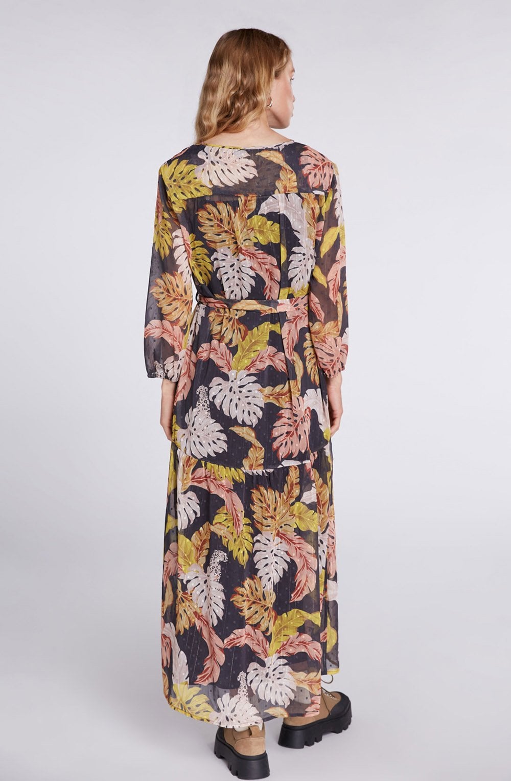 Sheer Leaf Print Maxi Dress
