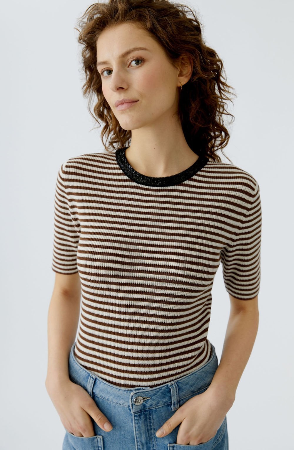 Sparkle Neck Brown Stripe Short Sleeve Jumper