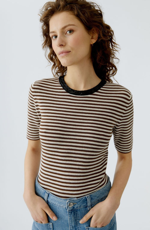 Sparkle Neck Brown Stripe Short Sleeve Jumper