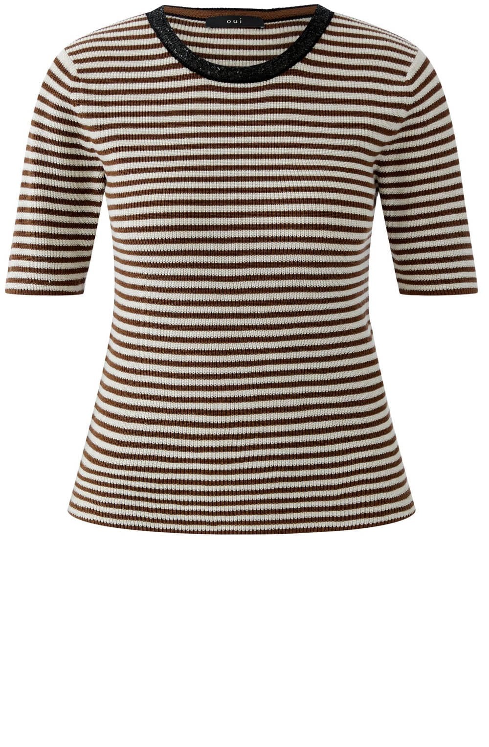 Sparkle Neck Brown Stripe Short Sleeve Jumper