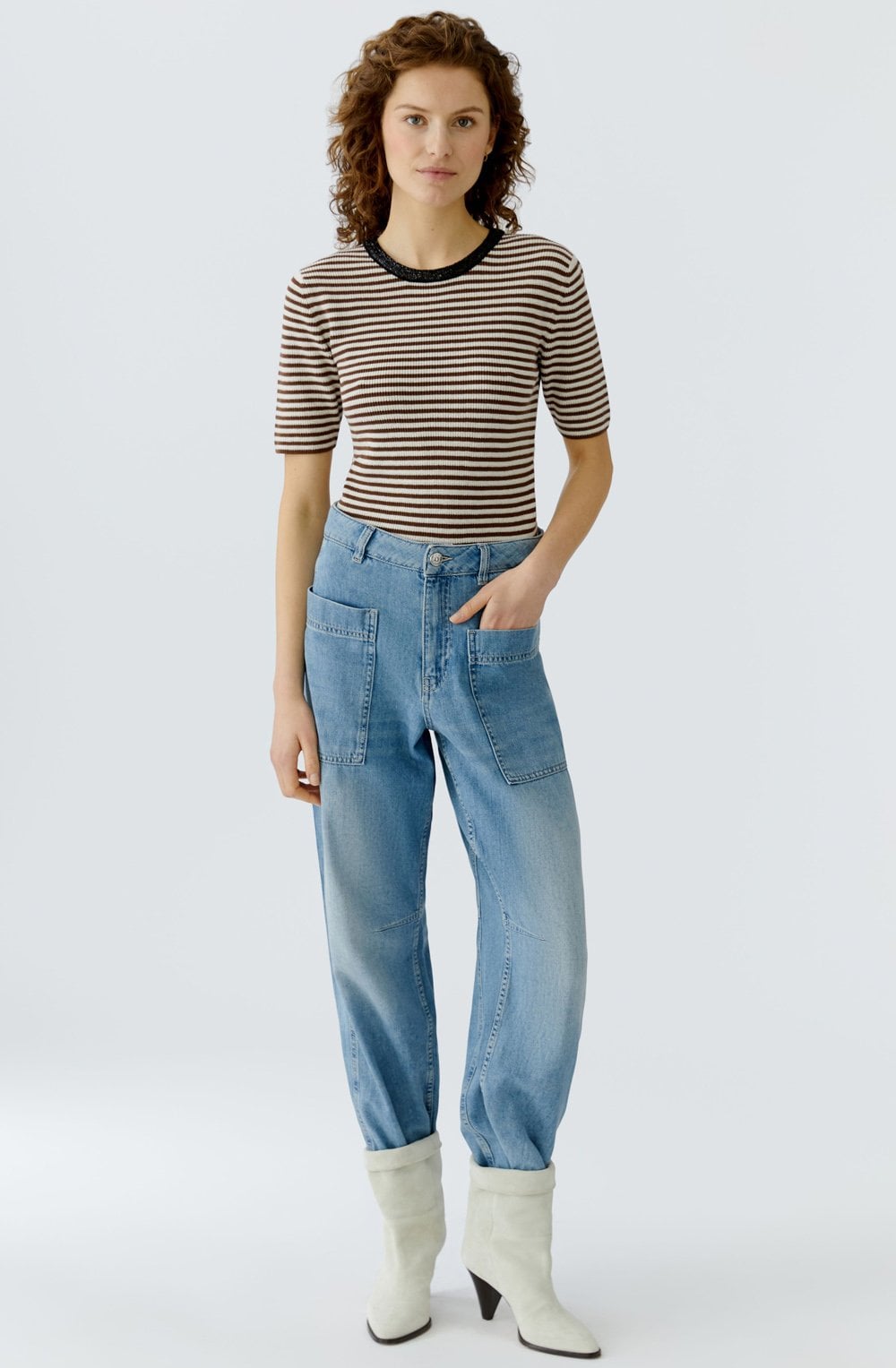 Sparkle Neck Brown Stripe Short Sleeve Jumper