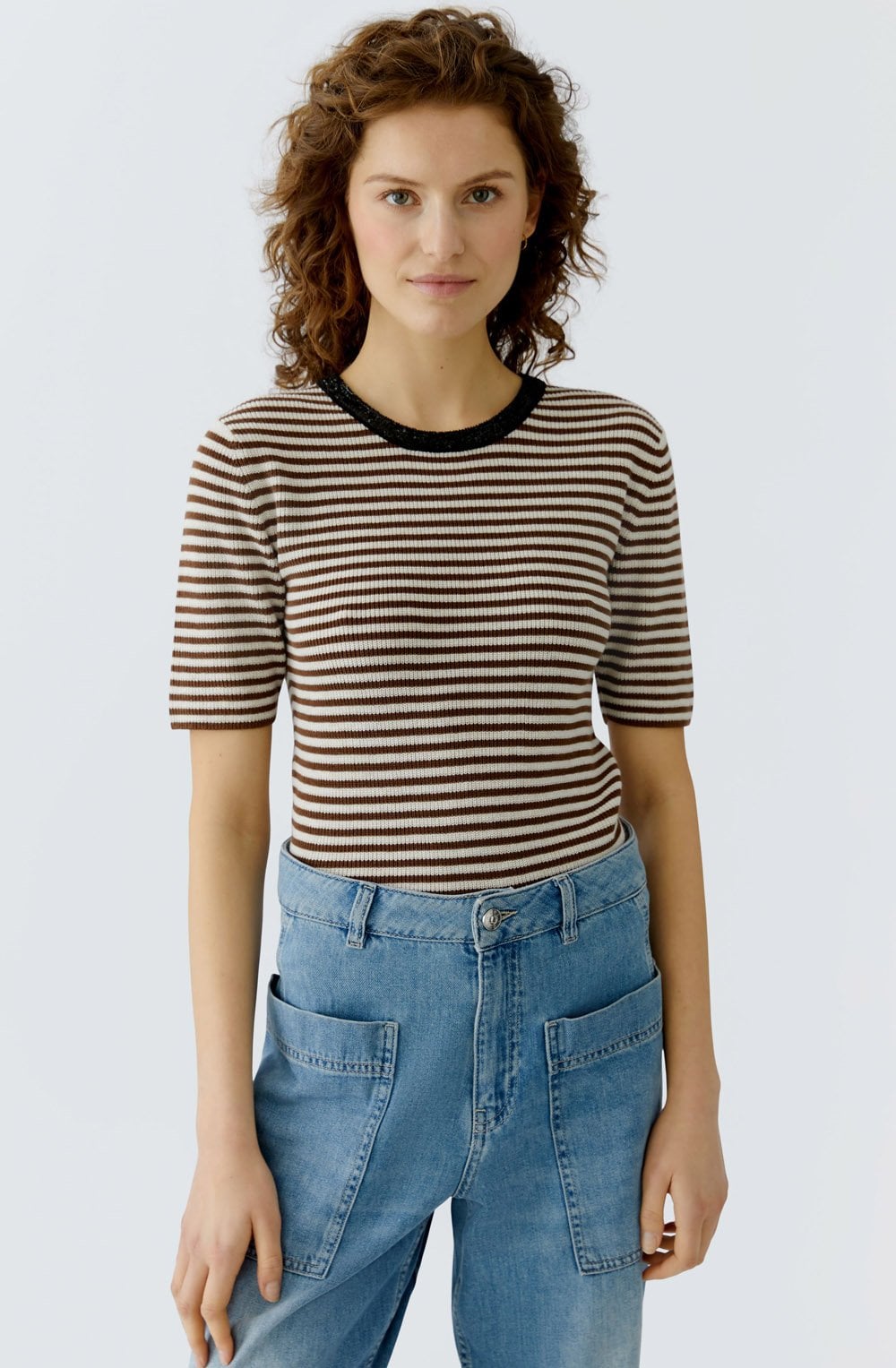 Sparkle Neck Brown Stripe Short Sleeve Jumper